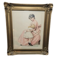 Antique 1890s Victorian Mother & Child Print Art Nouveau Wooden & Glass Frame picture