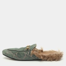 Gucci Princetown Size 40 Green GG Velvet and Fur Lined Flat Mule picture
