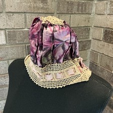 1900s ANTIQUE Victorian Edwardian Silk Ikat Cap Filet Crochet Brim Ribbon #28E4 picture
