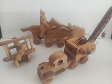 Vintage Wooden Toys Working Alpine Crane, Spinning Airplane, Horse Chasing Bulls picture