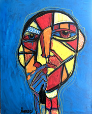 Abstract Art Original Signed Cubist Face Canvas Painting 16x20 Contemporary Art picture