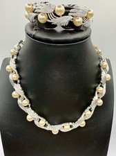 Vintage Signed Lisner Silver tone and faux pearl necklace and bracelet Set picture