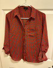 The Limited Ashton Petite PS Orange Black White Geometric Button-Up 3/4 Blouse picture