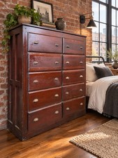 Antique 1900s Pine 10-Drawer Cabinet Dresser Office Entryway Storage Chest picture