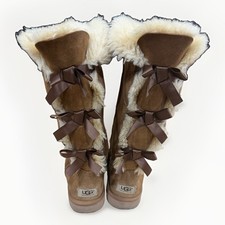 UGG Australia Bailey Bow Tall Boots Womens 8 Chestnut Suede Triple Bow 1007308 picture