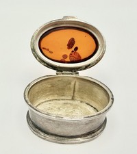 Antique Sterling Silver Natural Baltic Amber Pill Trinket Box Poland 1920s picture