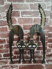 Vintage 2 MCM Wooden Scaredy Cat Wall Decor Masketeers Brass Siamese Rare picture