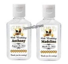 GOLD 90th BIRTHDAY PARTY FAVORS HAND SANITIZER LABELS -  PERSONALIZED picture