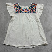 MINE Embroidered Blouse Women L White Floral Flutter Sleeve Boho Peasant Festiva picture
