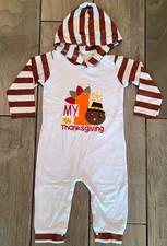 Baby Hooded Long Sleeve Romper Striped Embroidered Thanksgiving 12-18M picture