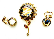SCHREINER Rare Striped Art Glass Inverted Rhinestone Flower Brooch Earring Set picture