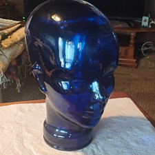 Cobalt Blue Glass Head Bust Art Glass Abstract, Decorative Decor /Hat Display  picture