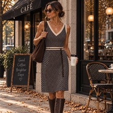 Ann Taylor Loft Brown Cream Geometric V-Neck 100% Cotton Dress Size 4 #407 picture