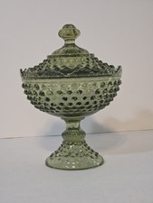 Vintage Fenton Colonial Green Hobnail Pedestal Candy Dish with A Lid 8