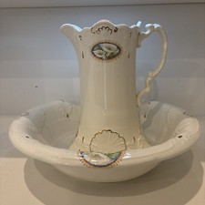 Gorgeous Vintage Pitcher and Basin Set White With Gold Accents And Tulips 16inch picture
