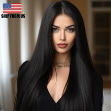 Long Straight Black Wig Synthetic Natural Black Full Wigs Halloween Cosplay 26in picture