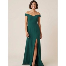Dessy Collection Off-Shoulder Criss Cross Back Maxi Dress Hunter Green SZ 14 NWT picture