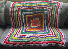 Vtg Crochet Granny Square Afghan Blanket Throw Rainbow Colorful Handmade Square picture