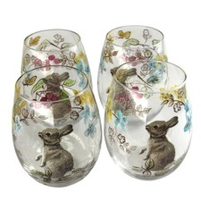 Pier 1 Sophie the Bunny Stemless Wine Glasses Set of 4 Retired Floral Rabbit picture