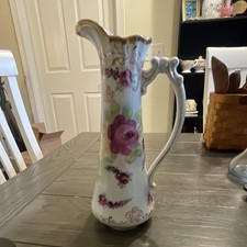 Antique Hand Painted Porcelain Floral Pitcher Vase 11” Tall Pink Rose Gold Gilt picture