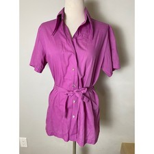 Vintage Sears 70s Dagger Collar Button Down Shirt Magenta Purple Belted Top picture