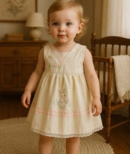 Vintage 1980s Toddler Bunny Embroidered Dress 24M Beige Peasant Cottagecore picture