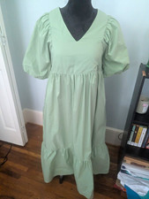 &merci Green V-Neck Puff Sleeve Ruffle Hem Lined Midi Dress S MDR1806 picture