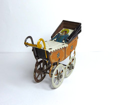 ANTIQUE c. 1910 GERMAN Lithographed Tin Baby Carriage, Buggy, Stroller PENNY TOY picture