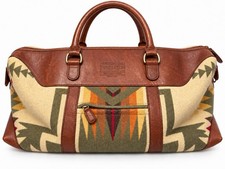 Vintage Pendleton Southwestern Aztec Wool Leather Weekender Duffle Bag Brow picture