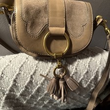 Frye Beige Suede Leather Small Saddle Crossbody Bag Magnetic Tassel Gold picture