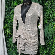 LUXXEL Dress Large Nude Silver Sequin Ruched V Neck Long Sleeve Mini 3377 picture