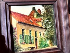 1944 Brussels WW2 Oil Painting Framed Monogrammed JE European Cottage Architectu picture