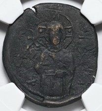 BYZANTINE Empire 1034-1050 AD Rare Jesus Christ AE Follis Class C Coin, NGC Ch F picture