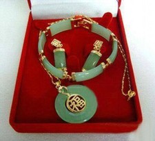 Natural Green Jade Inlay Circle Donut Pendant Necklace Earrings Bracelet Set AAA picture