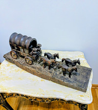 Huge 29” Vintage Desert Ironwood Hand Carved Covered Wagon 4 Horse Team Sculptur picture