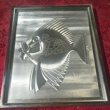 VINTAGE MID CENTURY Silver Etched Framed Fish Vintage MCM 10 BY 12 WALL ART.  picture