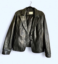 Vtg Worthington Women’s Black 100%Leather Blazer Jacket Button Lined Pockets L picture