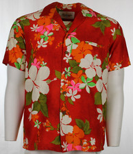 Kamehameha Hibiscua and Plumeria Red Vintage Hawaiian Shirt - 1970s - Small picture