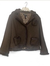 Dialogue Women’s Size 16 Brown Wool Blend Tweed Fringe Jacket Blazer Lined picture