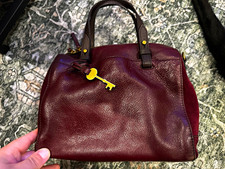 Fossil Burgundy Zip-Top Satchel Top Handle Double Handles Key Charm Pockets picture