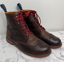 John Fluevog Brown Leather Wingtip Brogue Ankle Boots Men's Size 12 M Lace Up picture