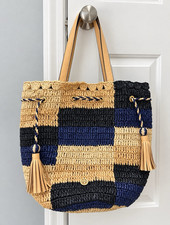 Tory Burch Raffia Woven Beach Tote Natural Navy Black NWT Style 51159558 picture