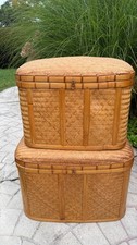 2-Vintage MCM Wicker Ratan Nesting Storage Bins Hinged Lid 70's Large Sizes picture