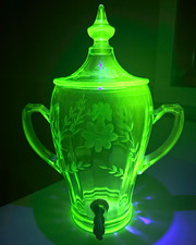 Uranium Glass Dispenser Samovar Lid, spigot, Cambridge, Paden City PLEASE HELP picture
