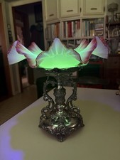 Antique Victorian Uranium Glass Compote Brides Centerpiece Encased Peach Blow 11 picture