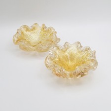 Pair Vintage Italian Murano Hand Blown Gold Flake Glass Shallow Ruffled Bowls picture