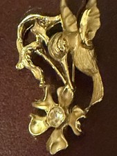 Vintage Hummingbird Flower Brooch Pin Rhinestones Goldtone on a Spring FLOWER . picture