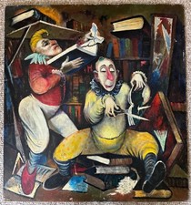 Vintage Clown Library Books Oil Painting Modern Art Wall Hanging Unknown Artist picture