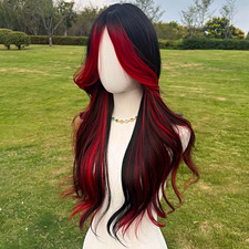 Long Wavy Black Red Gradient Lace Front Curly highlights Goth Baddie Wig 28 inch picture