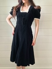 Vintage 1930s Black Velvet Dress KOOL-I-NOOR Zip Rare Puff Sleeve Bias Cut picture